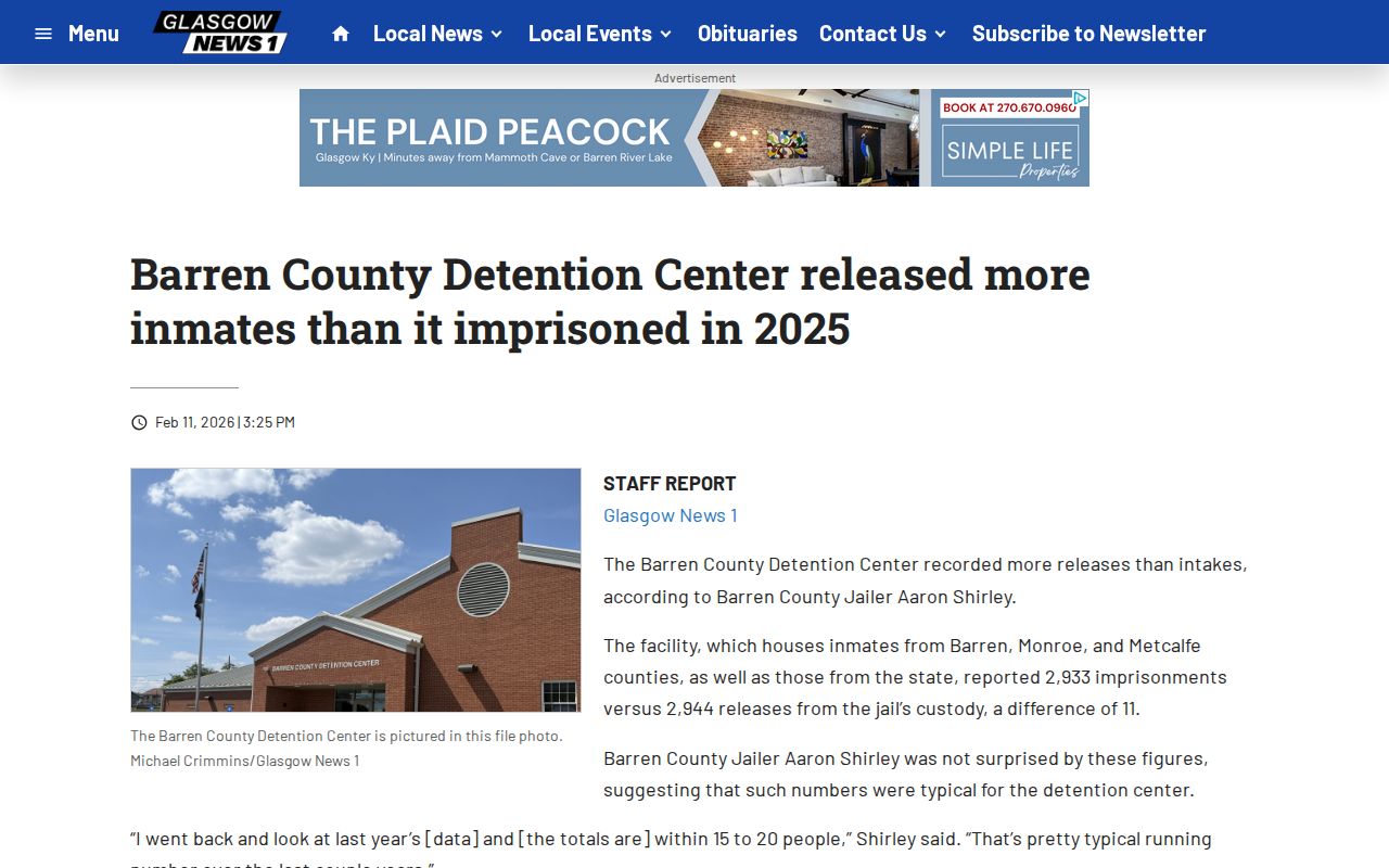 Barren County Detention Center intake and release news report